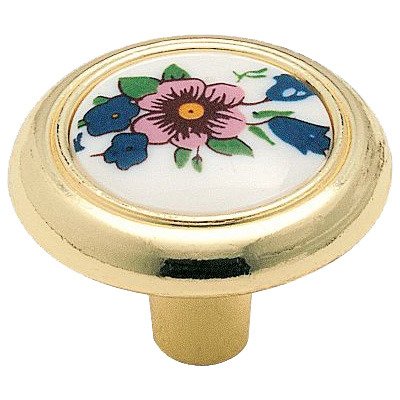 1 1/4" Diameter Knob in Polished Brass with White and Flower