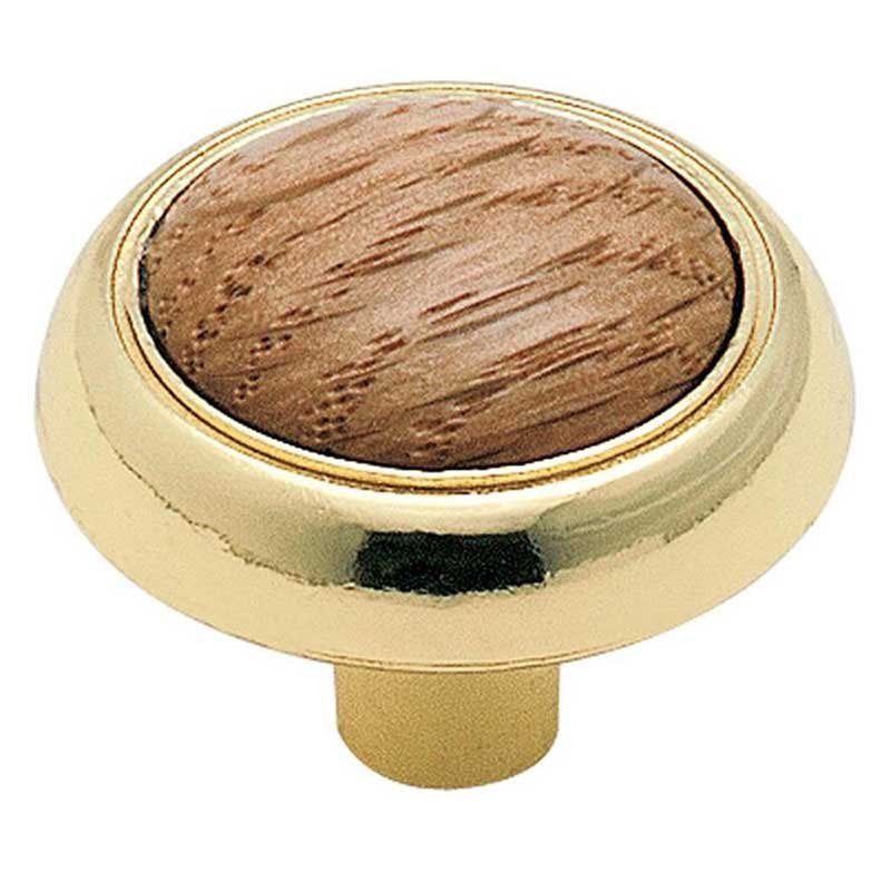1 1/4" Diameter Knob in Polished Brass with Oak